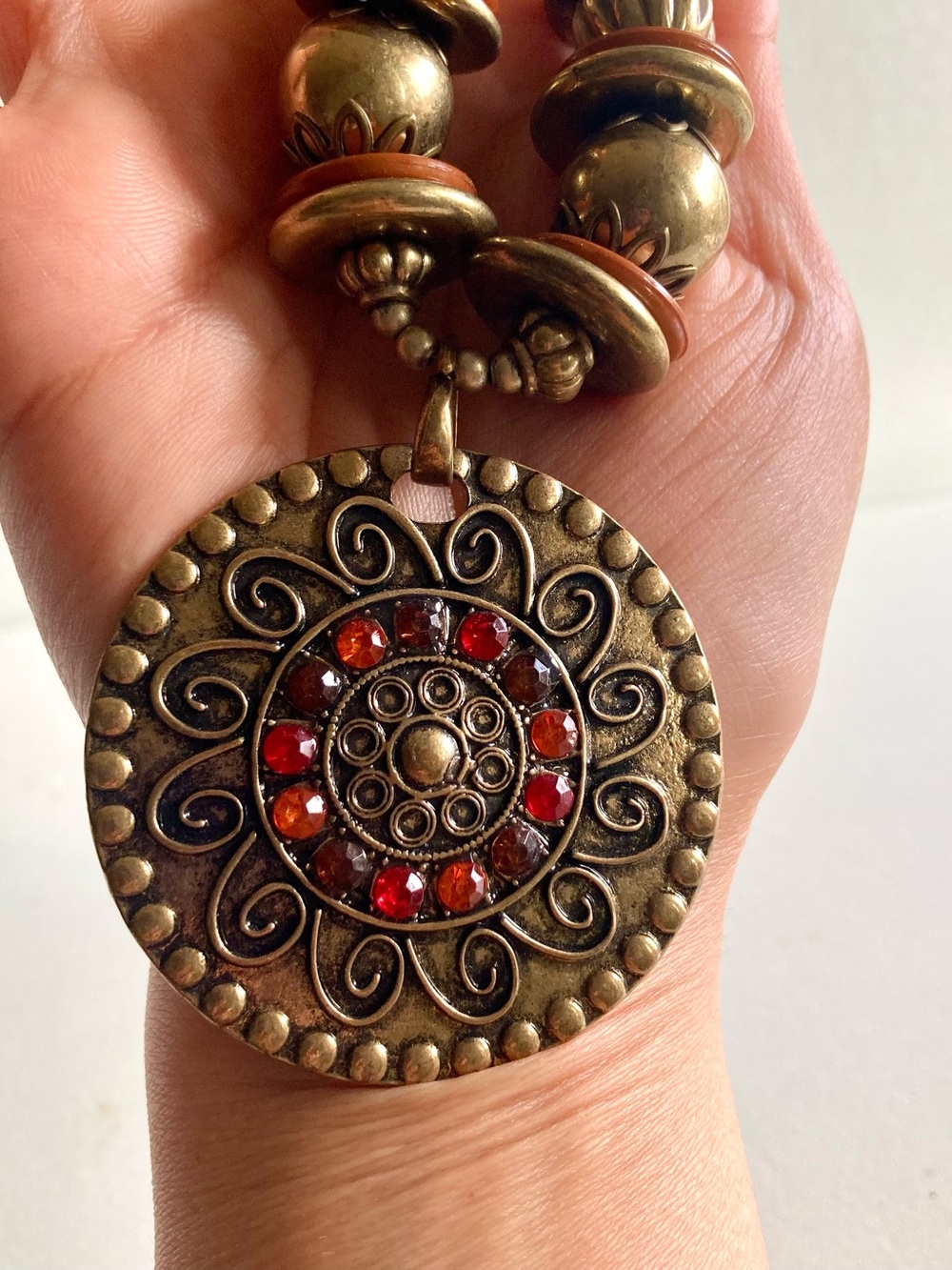 Boho Red and Gold Statement Pendant Necklace - Picture 3 of 7